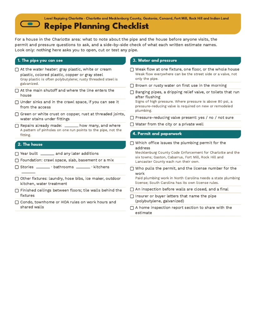 First page of the repipe planning checklist: boxes for the pipe you can see, the house, water pressure and permit questions